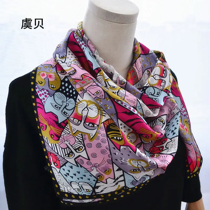 Cartoon cat 100% real natural silk scarf for girl and woman scarves gift spring autumn winter square scarves