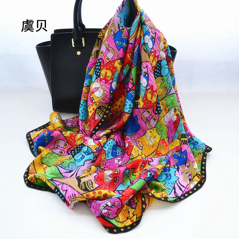 Cartoon cat 100% real natural silk scarf for girl and woman scarves gift spring autumn winter square scarves