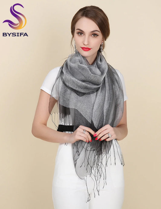 BYSIFA 100% Mulberry Silk Solid Scarf with Tassel – Elegant, Multifunctional Shawl, Wrap, and Scarf for All Seasons