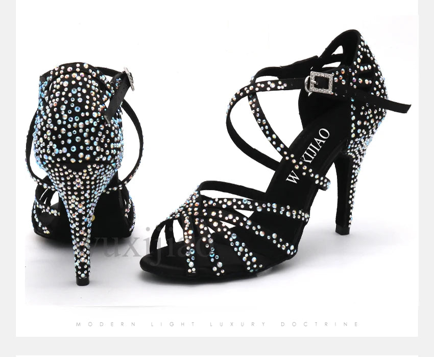 WUXIJIAO Women's Satin Ballroom Dance Shoes with Lace-Up Closure & Rhinestone Decoration