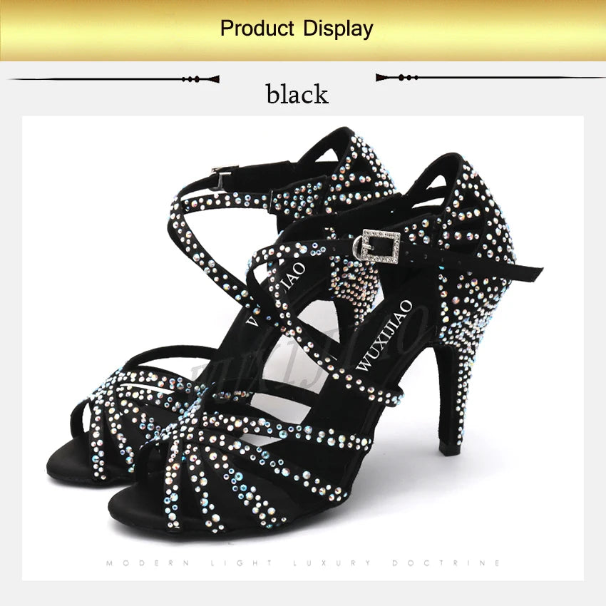 WUXIJIAO Women's Satin Ballroom Dance Shoes with Lace-Up Closure & Rhinestone Decoration