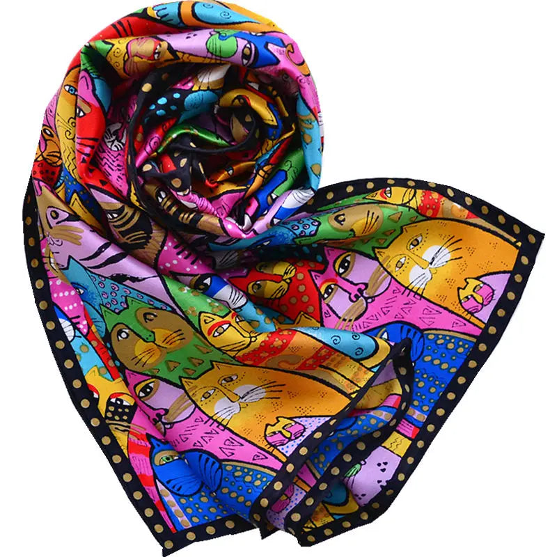 Cartoon cat 100% real natural silk scarf for girl and woman scarves gift spring autumn winter square scarves