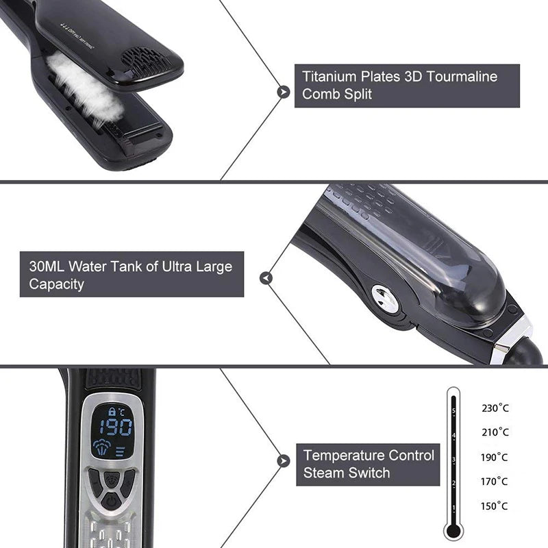 UKLISS Wet and Dry Hair Straightener Tourmaline Ceramic Hot Comb with Steam and Ion Technology Black White