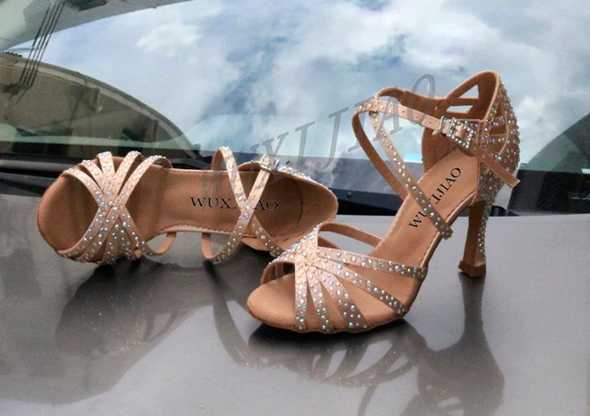 WUXIJIAO Women's Satin Ballroom Dance Shoes with Lace-Up Closure & Rhinestone Decoration