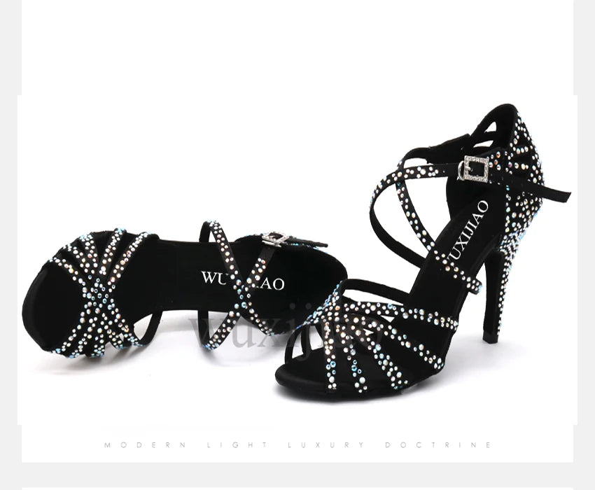WUXIJIAO Women's Satin Ballroom Dance Shoes with Lace-Up Closure & Rhinestone Decoration