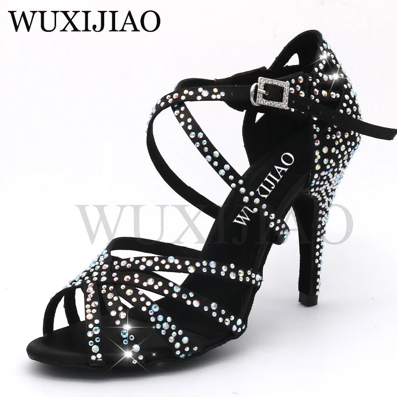 WUXIJIAO Women's Satin Ballroom Dance Shoes with Lace-Up Closure & Rhinestone Decoration
