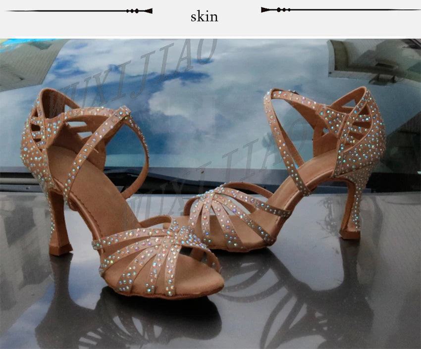 WUXIJIAO Women's Satin Ballroom Dance Shoes with Lace-Up Closure & Rhinestone Decoration