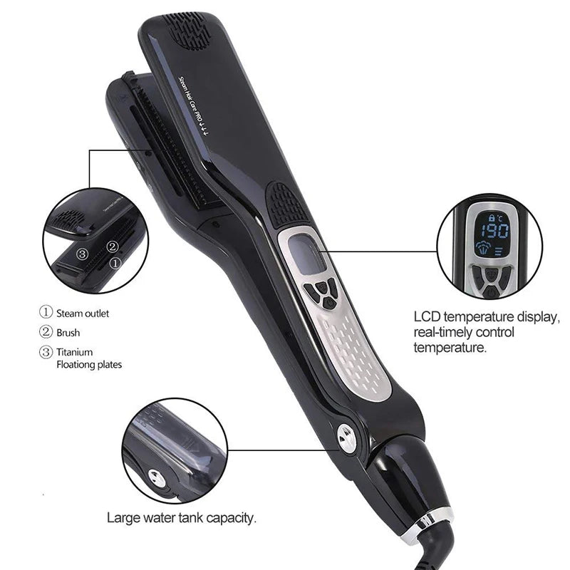 UKLISS Wet and Dry Hair Straightener Tourmaline Ceramic Hot Comb with Steam and Ion Technology Black White