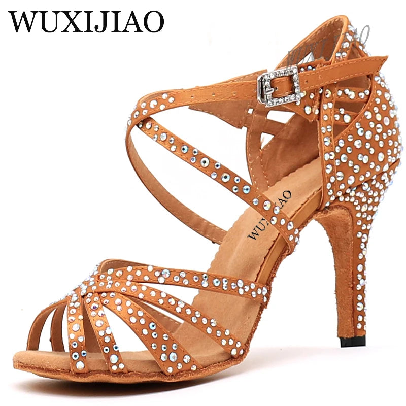 WUXIJIAO Women's Satin Ballroom Dance Shoes with Lace-Up Closure & Rhinestone Decoration