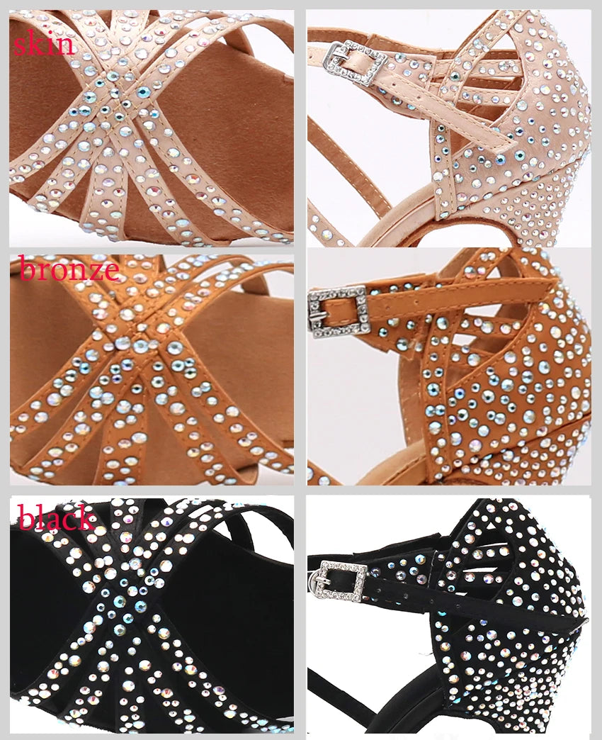 WUXIJIAO Women's Satin Ballroom Dance Shoes with Lace-Up Closure & Rhinestone Decoration