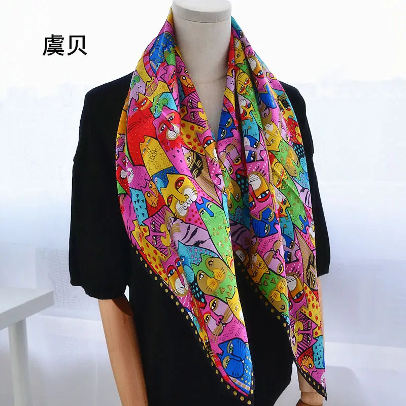 Cartoon cat 100% real natural silk scarf for girl and woman scarves gift spring autumn winter square scarves