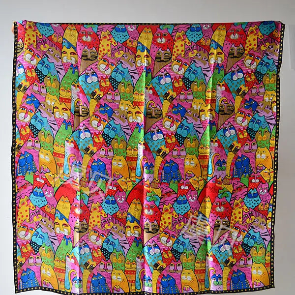 Cartoon cat 100% real natural silk scarf for girl and woman scarves gift spring autumn winter square scarves
