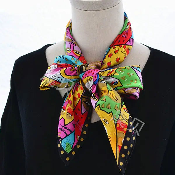 Cartoon cat 100% real natural silk scarf for girl and woman scarves gift spring autumn winter square scarves