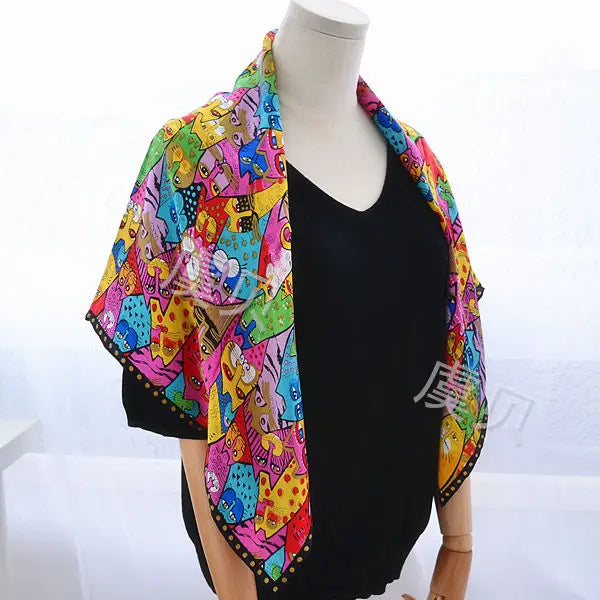 Cartoon cat 100% real natural silk scarf for girl and woman scarves gift spring autumn winter square scarves