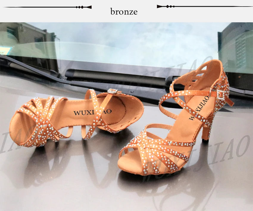 WUXIJIAO Women's Satin Ballroom Dance Shoes with Lace-Up Closure & Rhinestone Decoration
