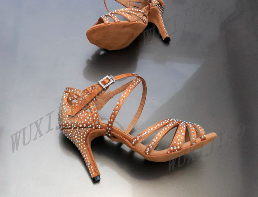 WUXIJIAO Women's Satin Ballroom Dance Shoes with Lace-Up Closure & Rhinestone Decoration