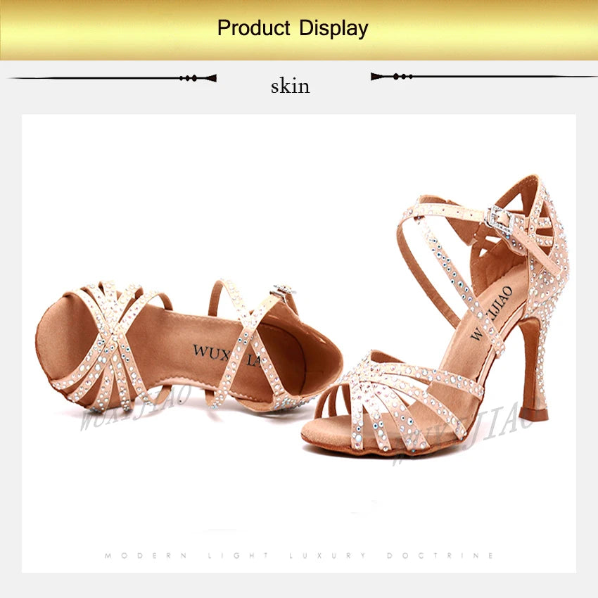 WUXIJIAO Women's Satin Ballroom Dance Shoes with Lace-Up Closure & Rhinestone Decoration