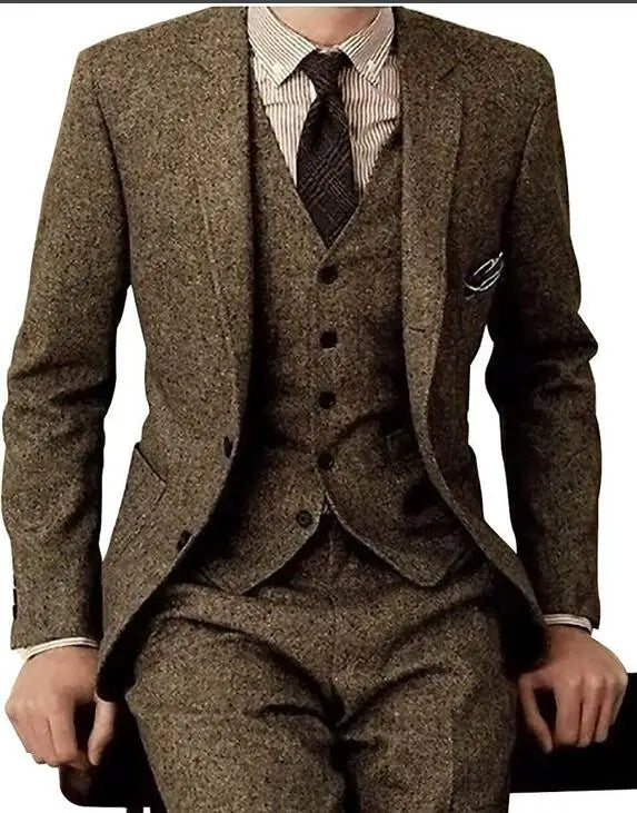 Brown Tweed Men 3 Pieces Formal Business Gentle-Mens Groom Wedding Dress Blazer Suits(Jacket+Pants+Vest)