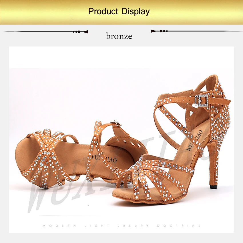 WUXIJIAO Women's Satin Ballroom Dance Shoes with Lace-Up Closure & Rhinestone Decoration