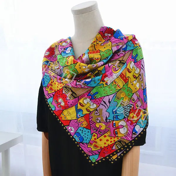 Cartoon cat 100% real natural silk scarf for girl and woman scarves gift spring autumn winter square scarves
