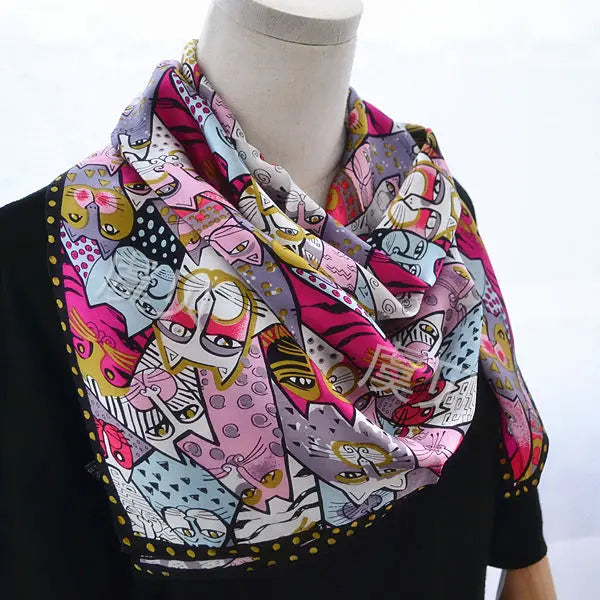 Cartoon cat 100% real natural silk scarf for girl and woman scarves gift spring autumn winter square scarves