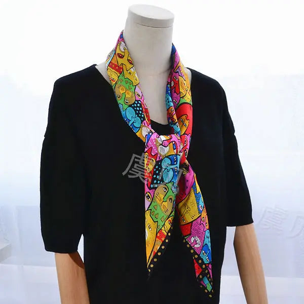 Cartoon cat 100% real natural silk scarf for girl and woman scarves gift spring autumn winter square scarves