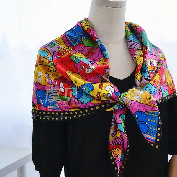 Cartoon cat 100% real natural silk scarf for girl and woman scarves gift spring autumn winter square scarves