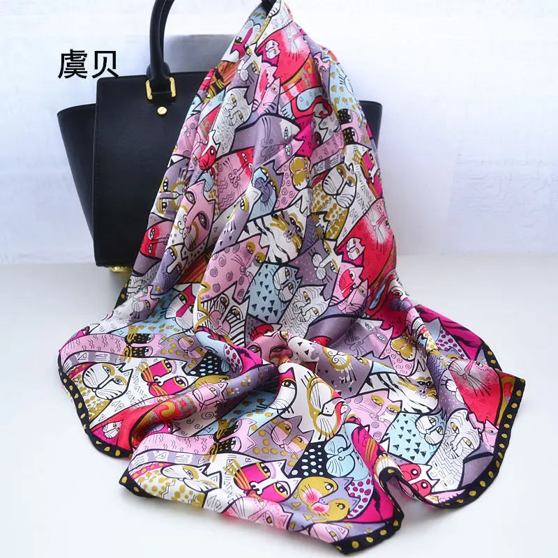 Cartoon cat 100% real natural silk scarf for girl and woman scarves gift spring autumn winter square scarves