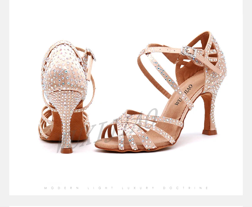 WUXIJIAO Women's Satin Ballroom Dance Shoes with Lace-Up Closure & Rhinestone Decoration