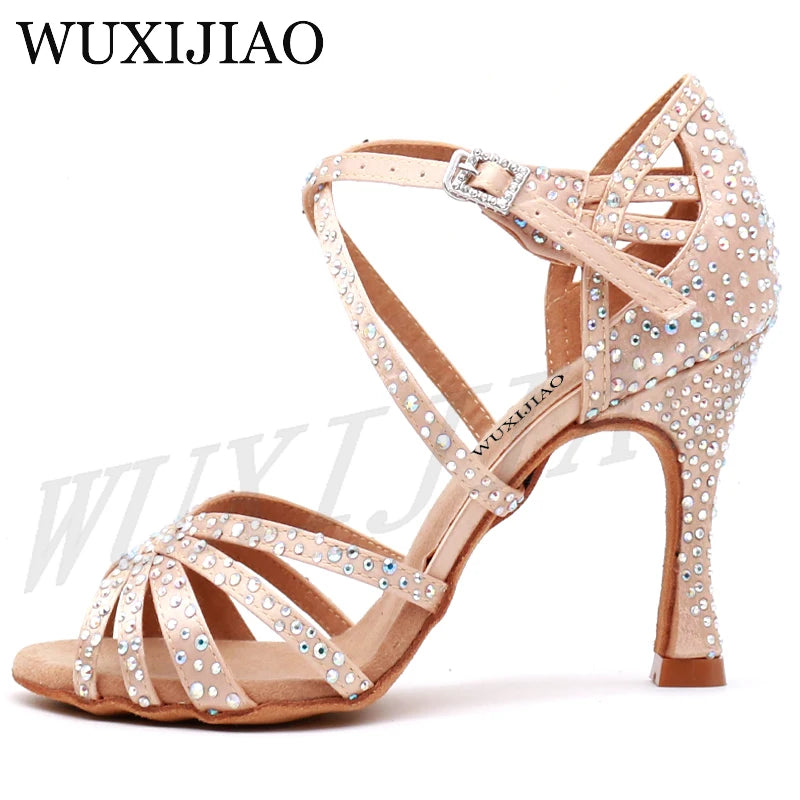 WUXIJIAO Women's Satin Ballroom Dance Shoes with Lace-Up Closure & Rhinestone Decoration