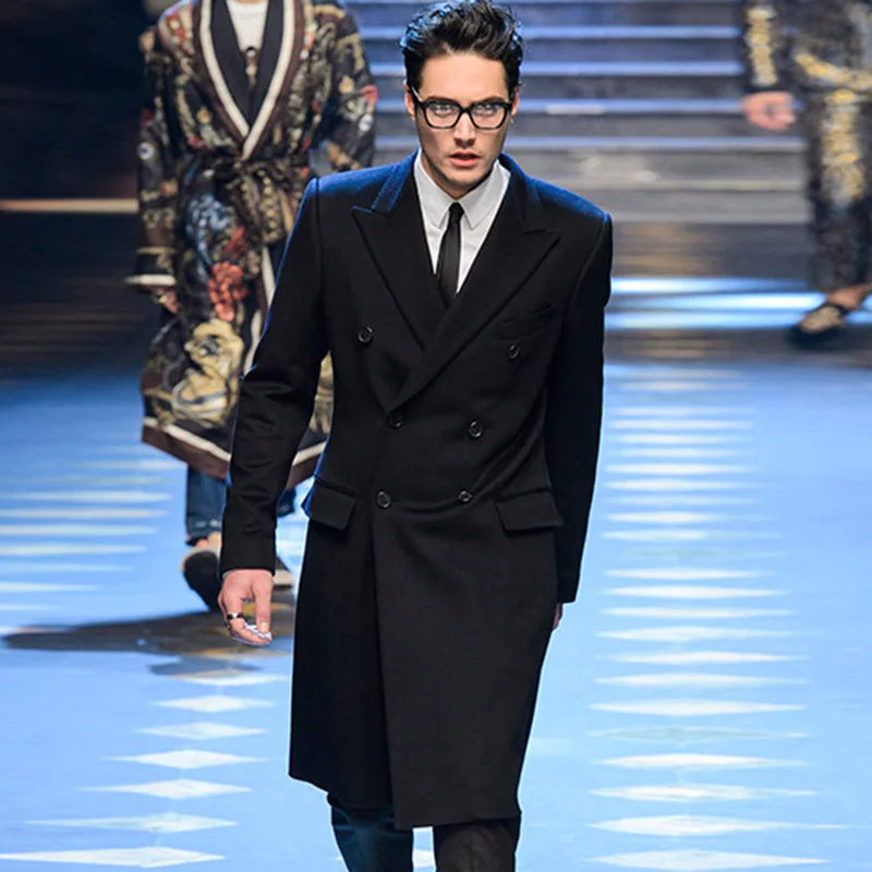 NoEnName_Null Men’s Double-Breasted Wool Blend Coat – Long Casual Outerwear with Turn-Down Collar