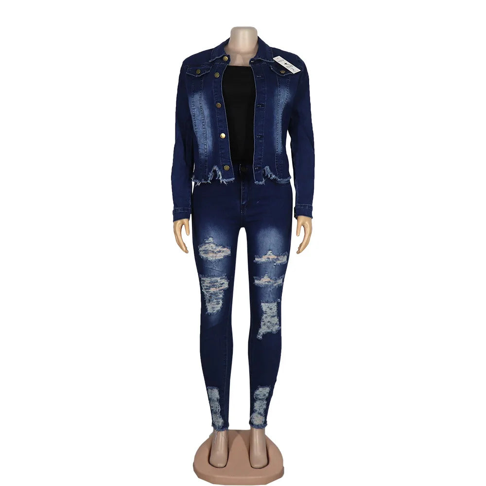 Shuaenls Women's Casual Distressed Denim Pant Set – Full Length Pencil Pants & Frayed Denim Top