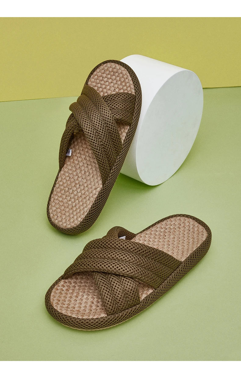 Utune Women's Cross-Tied Hemp Slippers - Comfortable Indoor Flat Slippers for Summer & Autumn