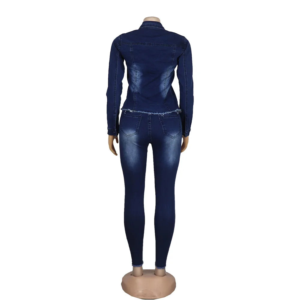 Shuaenls Women's Casual Distressed Denim Pant Set – Full Length Pencil Pants & Frayed Denim Top