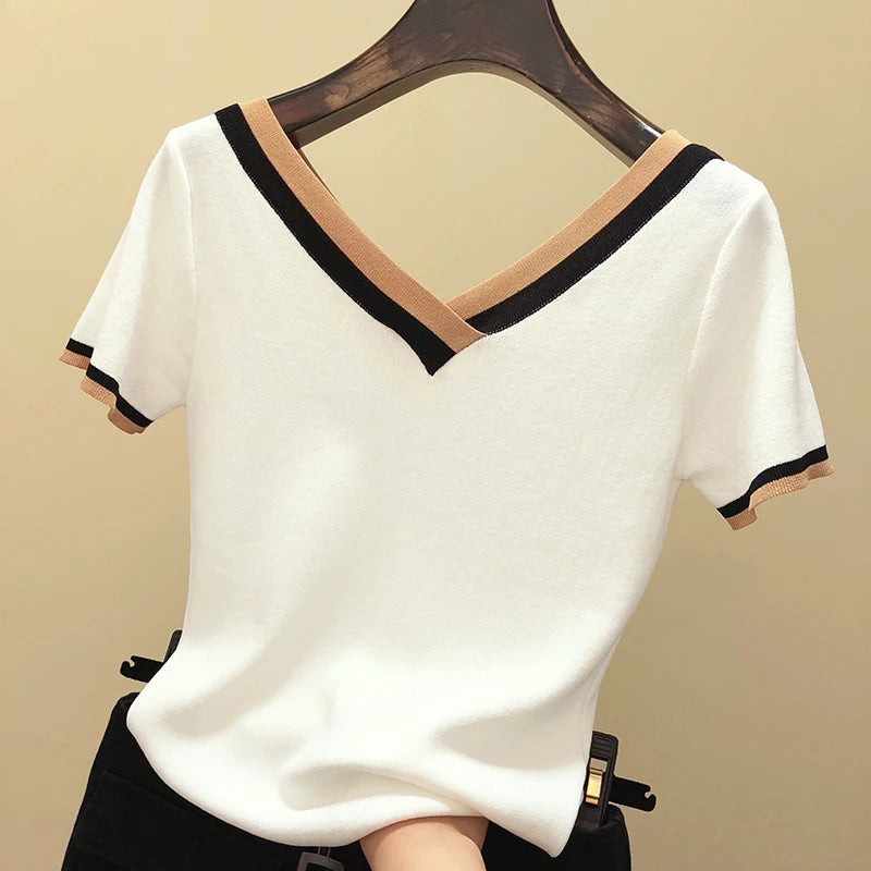 V-Neck Ladies Pullover Sweater Knitted 2024 Summer Short Sleeve Contrast Colour Striped Slim Women Clothes