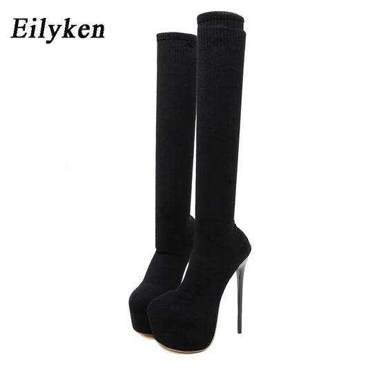 Eilyken Over-the-Knee Motorcycle Boots for Women – Platform, Thin Heels, Stretch Fabric, Super High Heel