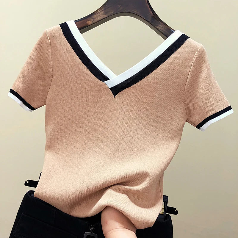 V-Neck Ladies Pullover Sweater Knitted 2024 Summer Short Sleeve Contrast Colour Striped Slim Women Clothes