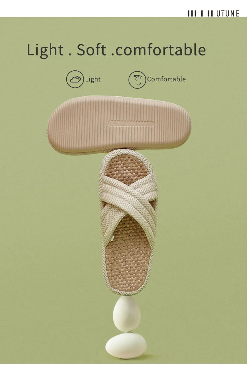 Utune Women's Cross-Tied Hemp Slippers - Comfortable Indoor Flat Slippers for Summer & Autumn