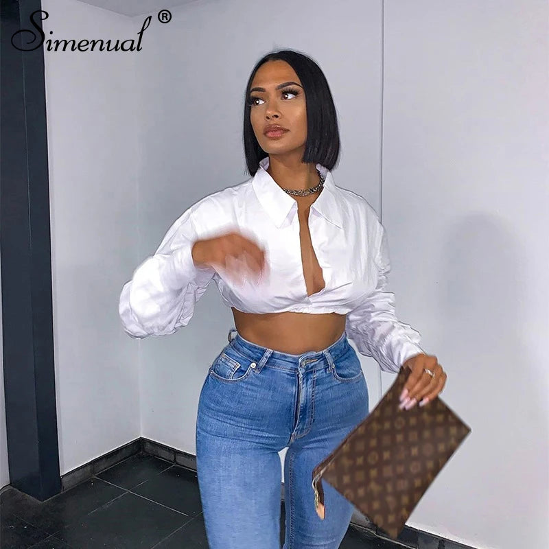 Simenual Women’s Streetwear Casual Shirt with Puff Sleeves – Slim Fit, Solid Pattern, Single Button Closure