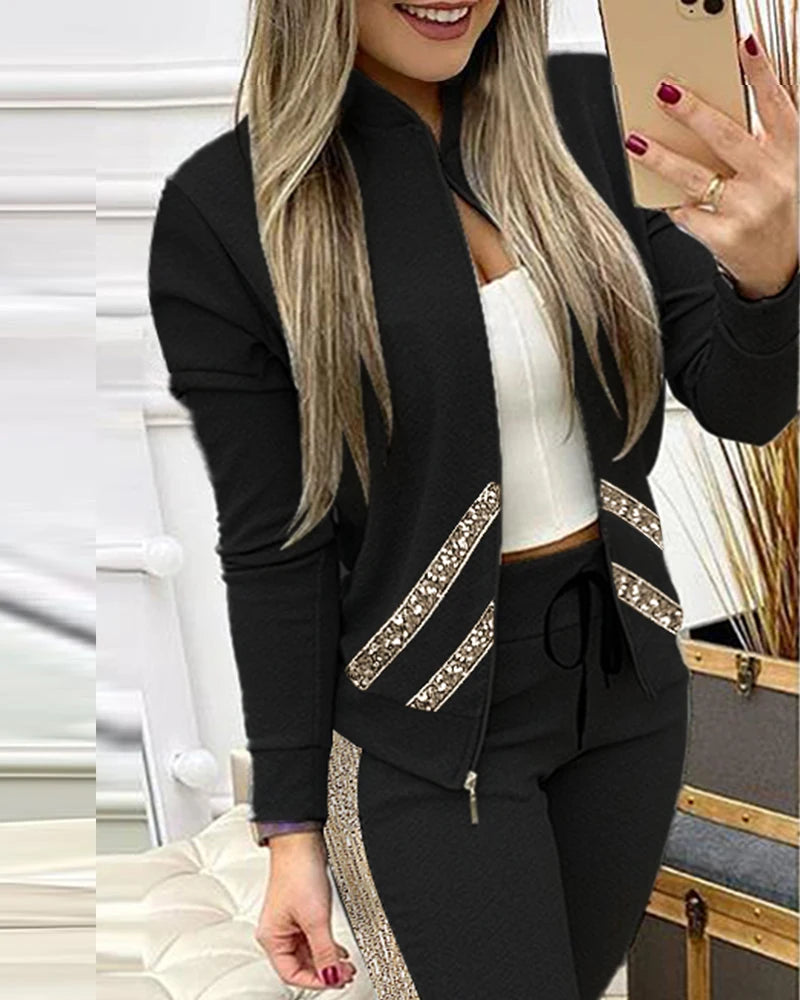 FiLiFiTi Women's Streetwear Sequined Zippered Tracksuit Set – Autumn/Winter 2023
