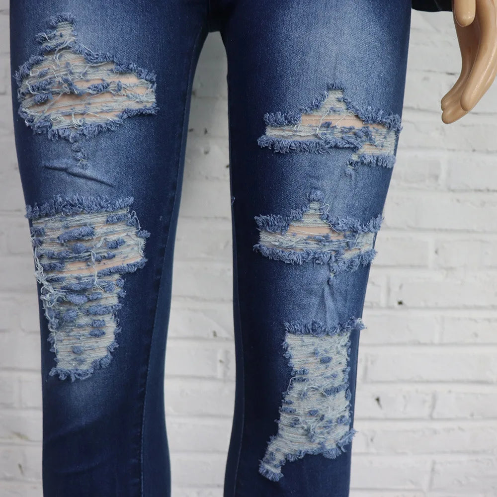 Shuaenls Women's Casual Distressed Denim Pant Set – Full Length Pencil Pants & Frayed Denim Top