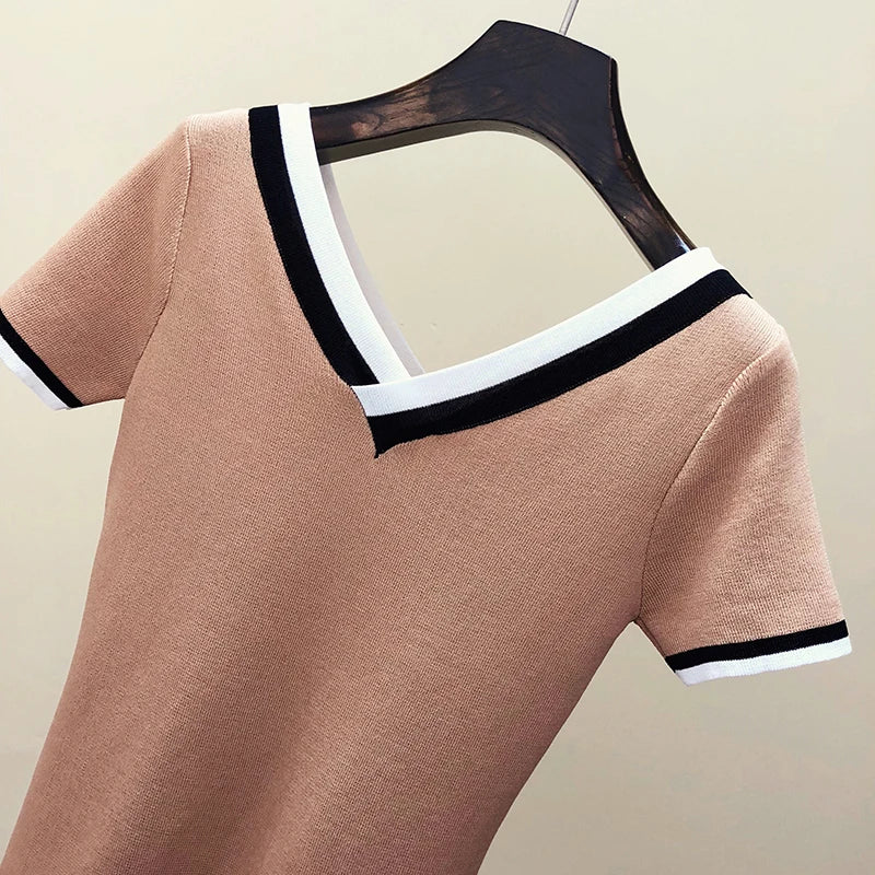 V-Neck Ladies Pullover Sweater Knitted 2024 Summer Short Sleeve Contrast Colour Striped Slim Women Clothes