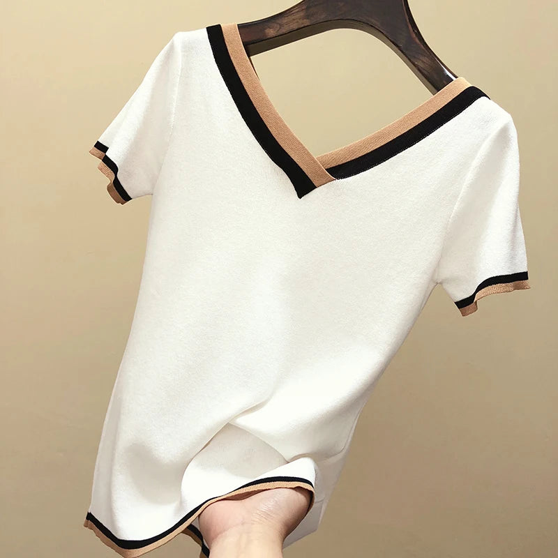V-Neck Ladies Pullover Sweater Knitted 2024 Summer Short Sleeve Contrast Colour Striped Slim Women Clothes