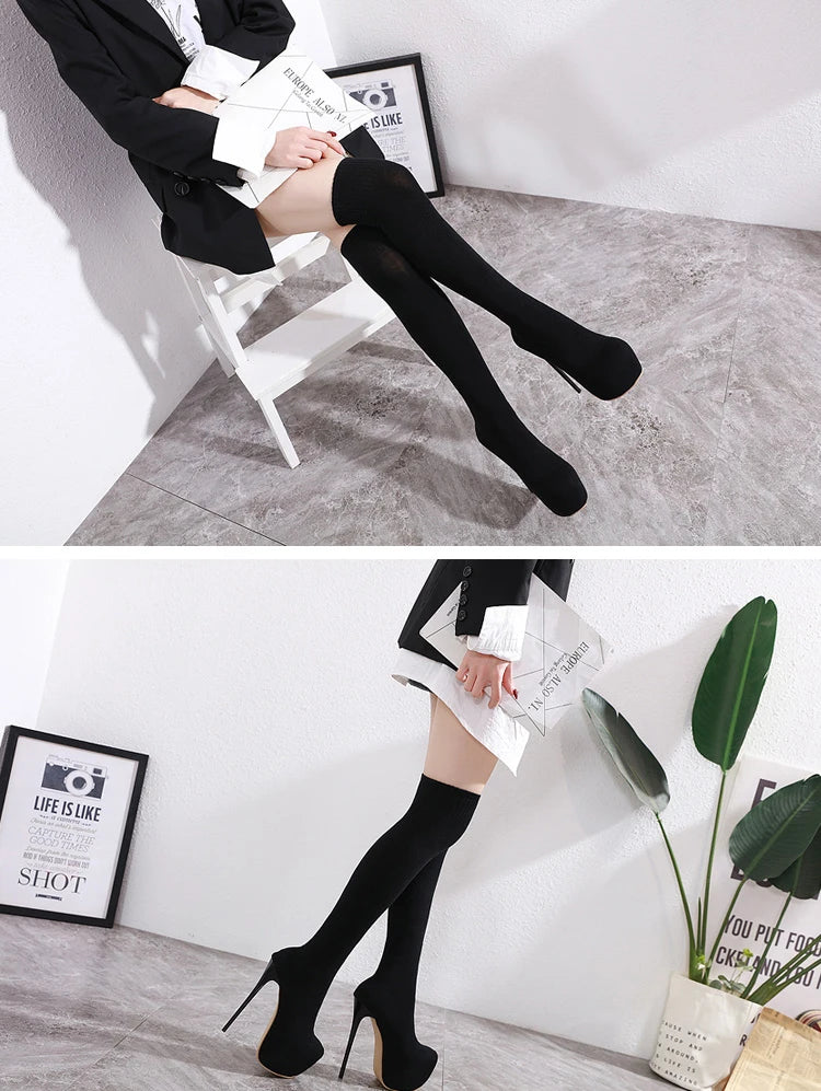 Eilyken Over-the-Knee Motorcycle Boots for Women – Platform, Thin Heels, Stretch Fabric, Super High Heel