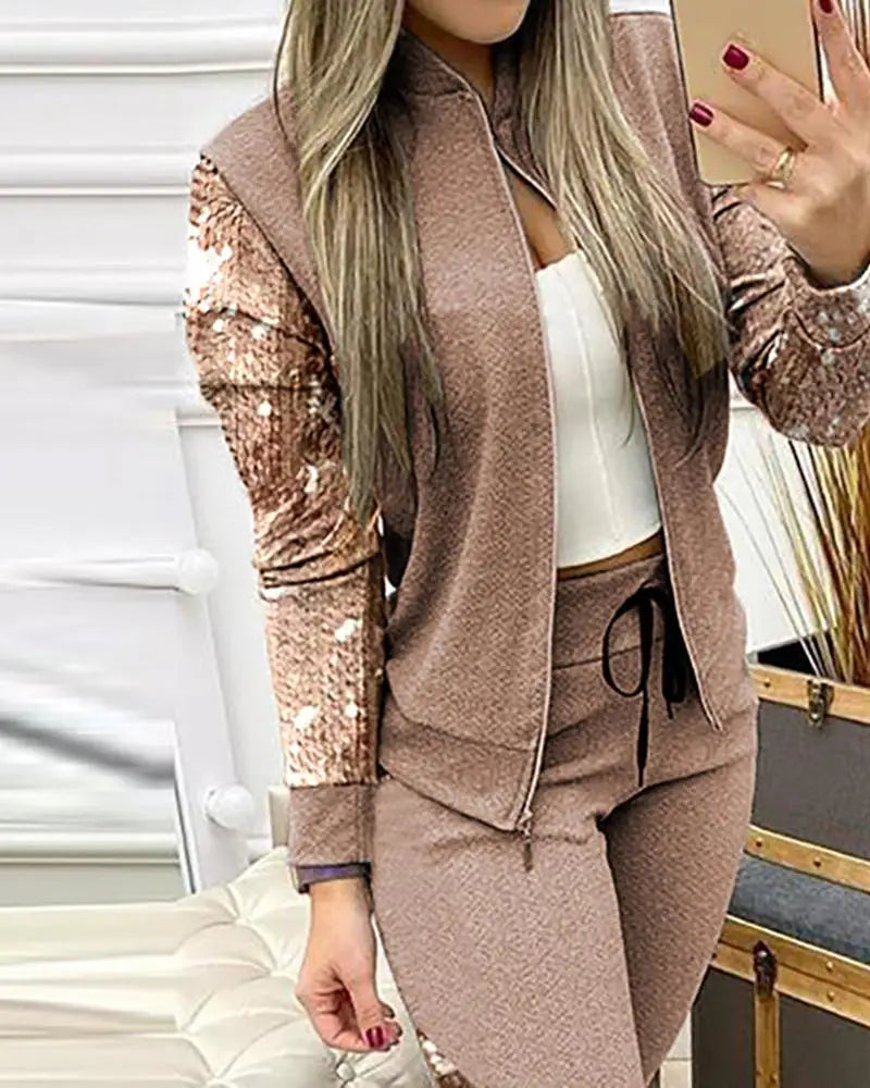 FiLiFiTi Women's Streetwear Sequined Zippered Tracksuit Set – Autumn/Winter 2023