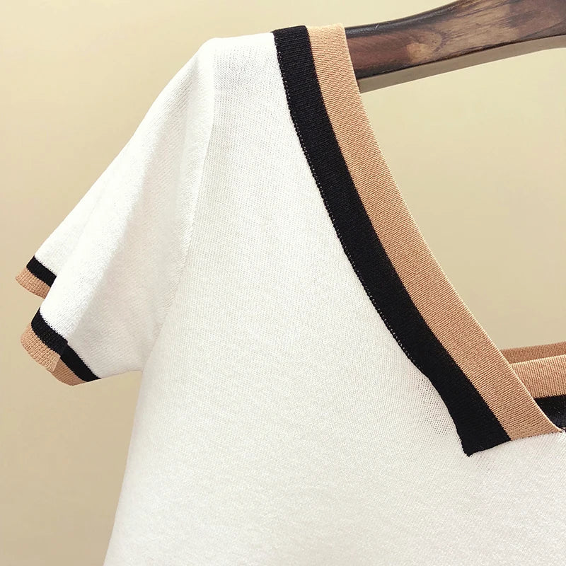 V-Neck Ladies Pullover Sweater Knitted 2024 Summer Short Sleeve Contrast Colour Striped Slim Women Clothes