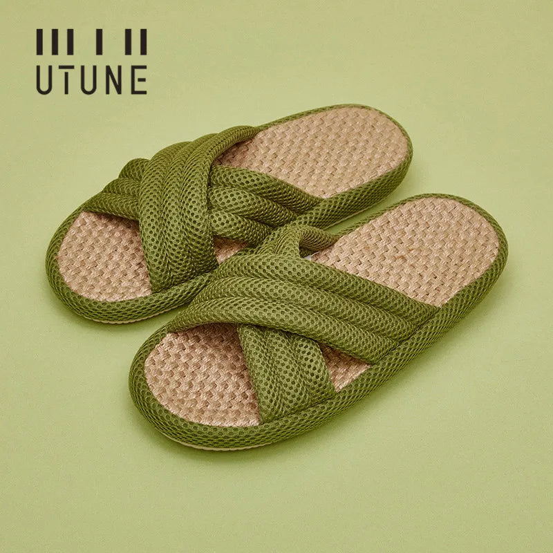 Utune Women's Cross-Tied Hemp Slippers - Comfortable Indoor Flat Slippers for Summer & Autumn