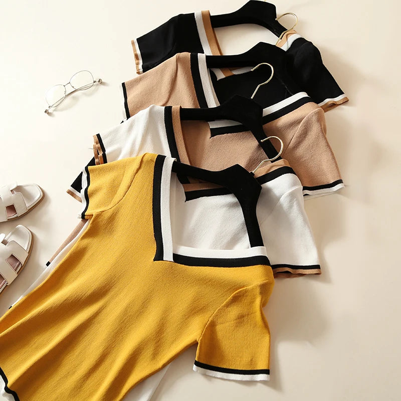 V-Neck Ladies Pullover Sweater Knitted 2024 Summer Short Sleeve Contrast Colour Striped Slim Women Clothes