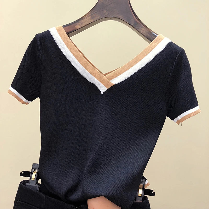 V-Neck Ladies Pullover Sweater Knitted 2024 Summer Short Sleeve Contrast Colour Striped Slim Women Clothes