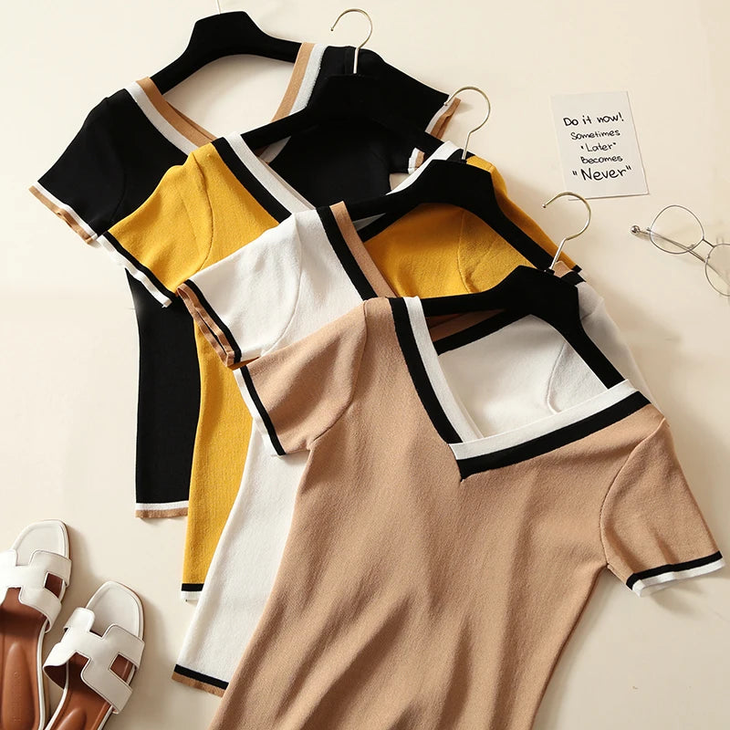 V-Neck Ladies Pullover Sweater Knitted 2024 Summer Short Sleeve Contrast Colour Striped Slim Women Clothes